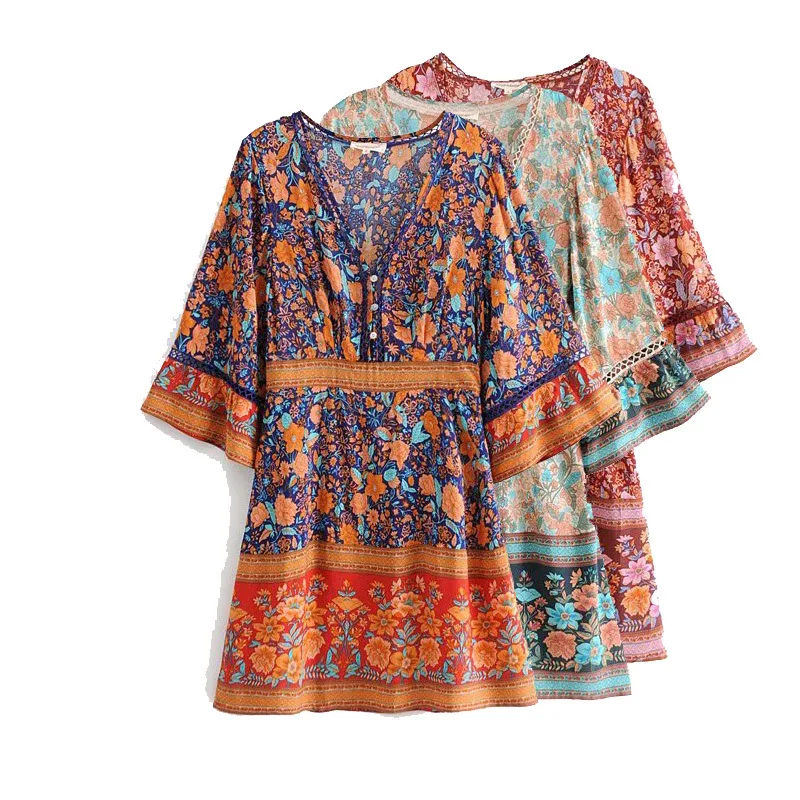 

WOMEN'S Dress 2019 Spring New Style Ethnic-Style Positioning Printed Bell Sleeve Hollow out Short Skirt