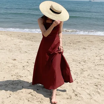 

LANMREM 2020 new summer korean styles fashion women clothes Summer sling cotton and linen dress women's long backless WL23803