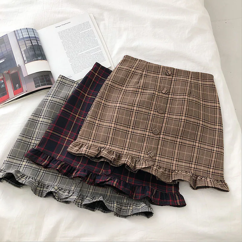 Mini Skirts A-Line Plaid Ruffles High-Waist Korean Casual Summer Empire Above-Knee Lady