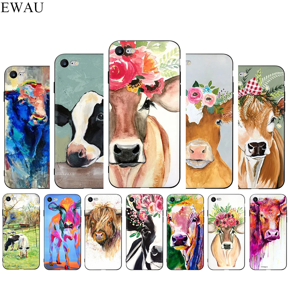 

EWAU Animal cattle cow watercolor Silicone phone case for iphone 5 5s SE 6 6s 7 8 Plus X XR XS 11 Pro Max
