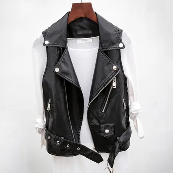 

Women Gothic Faux Leather Vest Sleeveless Fashion Motorcycle PU Leather Black Goth Punk Jacket Outerwear Waistcoat With Belt