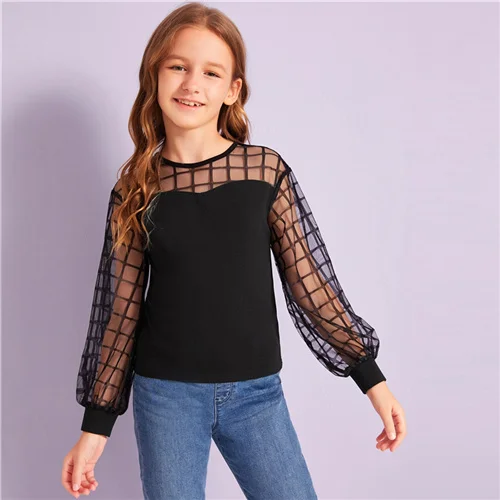 SHEIN Kiddie/черная Повседневная Блузка с контрастной сеткой на плечах детские топы года, Осенние Блузы с длинными рукавами и пуговицами сзади для подростков - Цвет: Черный