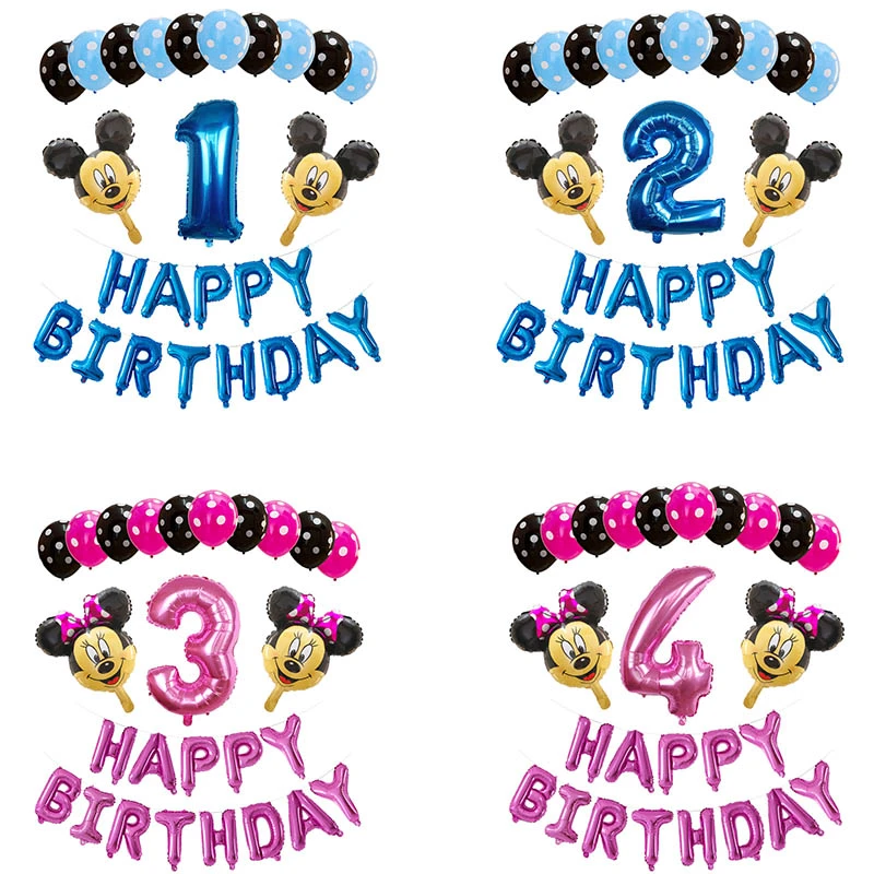 26pcs Minnie Mickey 30 Pink Blue Happy Birthday Letter Foil Balloon Boy Girl 1 2 3 4 5 6 7 8 9 Years Old Party Decor Supplies Ballons Accessories Aliexpress