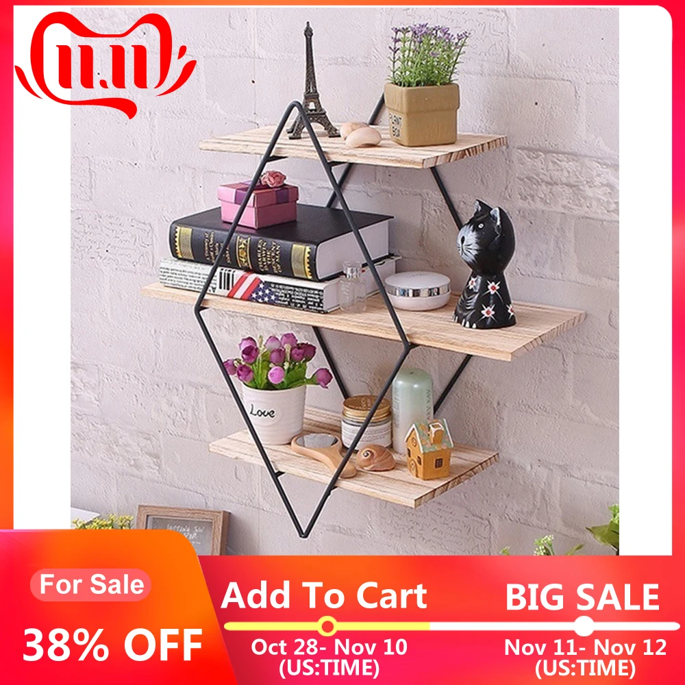 

Bedroom Office Home Decoration Vintage Iron Metal Wood Wall Storage Shelf Rack Rhombus Wood Iron Craft Wall Book Hanging Rack