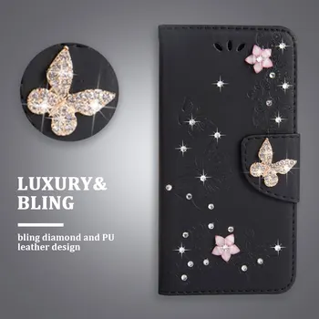 

LAPOPNUT Butterfly Leather Wallet Flip Case for IPhone 11 Pro Xs Max Xr X 8 7 Plus 6 6s 5s 5 SE Luxury Rhinestones Glitter Cover