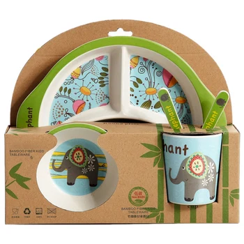 

Bamboo Fiber Baby Cartoon Eating Tableware Kids Dinner Plate Toddler Feeding Dishes Children Training Bowl Spoon Fork 5Pcs/Set E