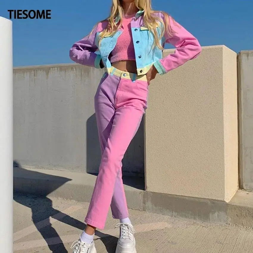 TIESOME Patchwork Pink Straight Long Trousers Ladies Skinny High Waist Pants Capris Fashion Streetwear Sweatpants Women 2020 TIESOME Patchwork Pink Straight Long Trousers Ladies Skinny High Waist Pants Capris Fashion Streetwear Sweatpants Women 2020