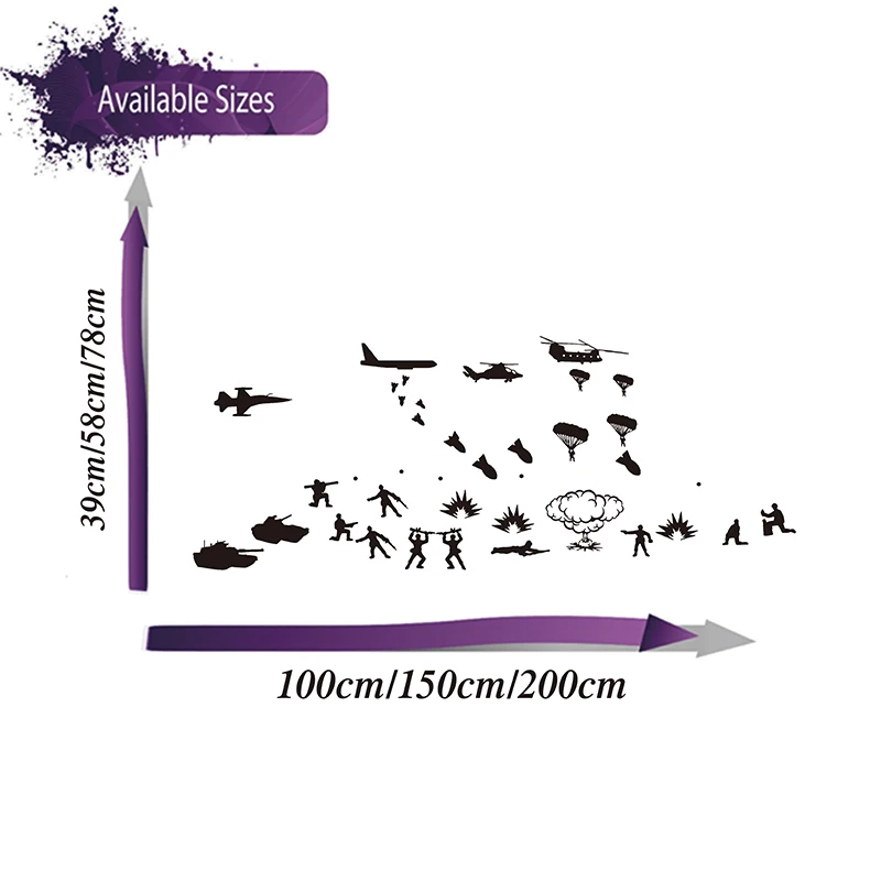 Cartoon Army Troops Helicopte Tanks Solider Wall Sticker Kids Room Baby Nursery Biplane Solider Militar Wall Decal Play Room  (1)