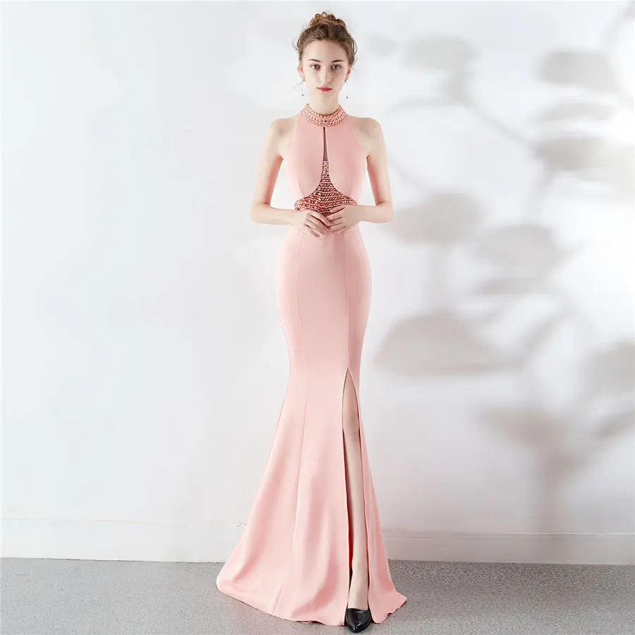Торжественное платье размера плюс с высоким разрезом сбоку Robe De Soiree DX282-2 элегантные женские вечерние платья с жемчугом красные вечерние платья с лямкой на шее