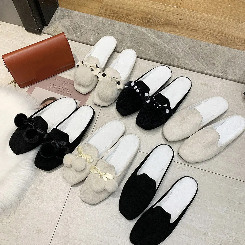 

Flock Slippers Women Summer Luxury Slides Pokemon Plush Shoes Butterfly-knot Loafers Low Cover Toe Designer Fur Soft