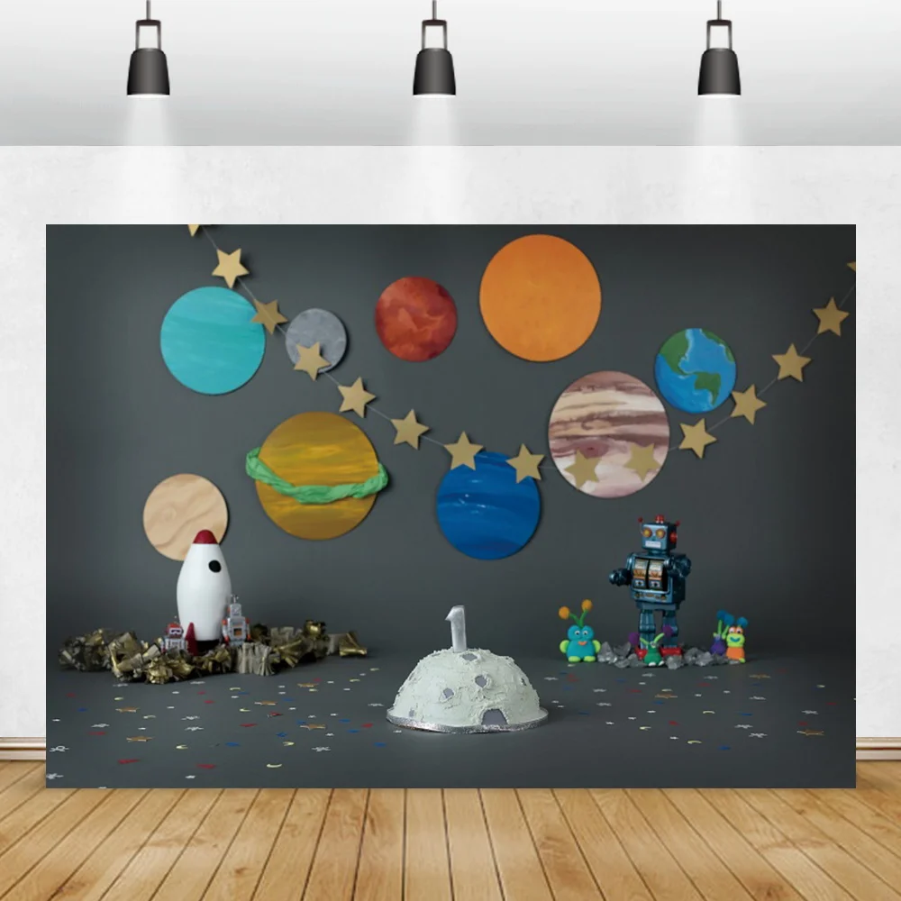 

Мультяшный космический корабль Вселенная планета ребенок 1-й День Рождения фотография фон ребенок портрет фотосессия сцена семейная фотография фон