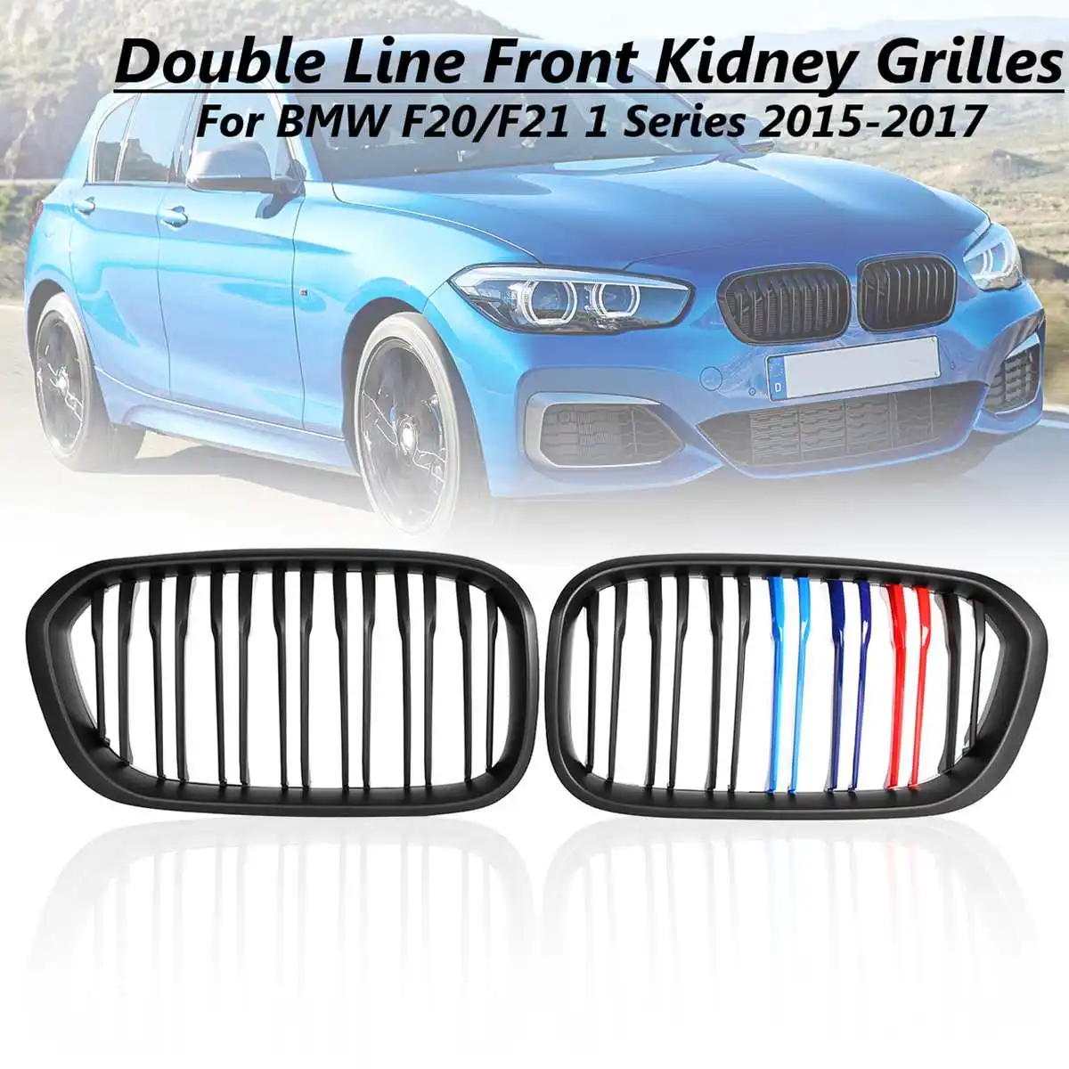 

1 Pair Matte Black Front Kidney Grilles M-Color Double Line For BMW F20 F21 1 Series 2015 2016 2017 Car Styling Racing Grilles