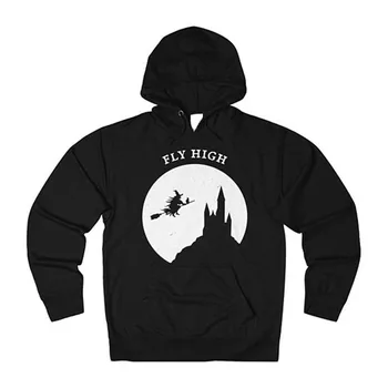 

Fly High Letter Print Halloween Kpop Hoodies For Women Sweatshirt Witch Flying Moon Graphic Hoodie Long Sleeve Front Pocket Tops