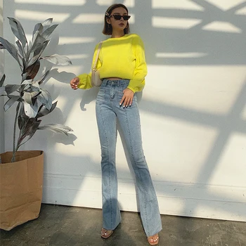 

2019 new fashion women's clothing Pocket high waist stretch flare jeans women trousers
