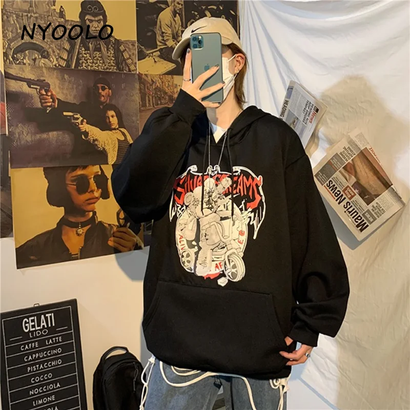 NYOOLO Harajuku уличный Забавный медведь с буквенным принтом, свободные теплые толстовки, осенне-зимние пуловеры с капюшоном, флисовая Толстовка для женщин и мужчин