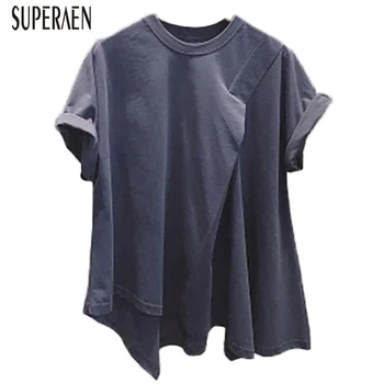

SuperAen Solid Color Short-sleeved Round Collar T-shirt Women 2020 Summer New Ladies T Shirts Irregular Wild Fashion Tops Female