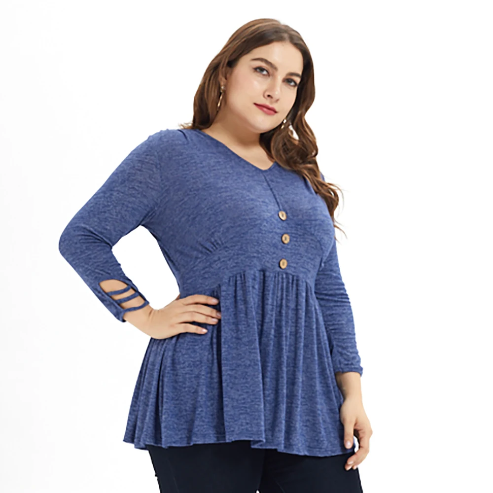 5XL размера плюс, женские топы, плиссированная футболка с длинным рукавом, Женская Повседневная футболка на пуговицах с v-образным вырезом, осенняя женская уличная одежда D30