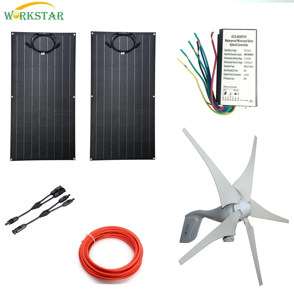 

2*ETFE 100W Flexible Solar Panels Modules+400W Wind Generator With Wind Solar Hybrid Controller 600w Solar System For Beginner
