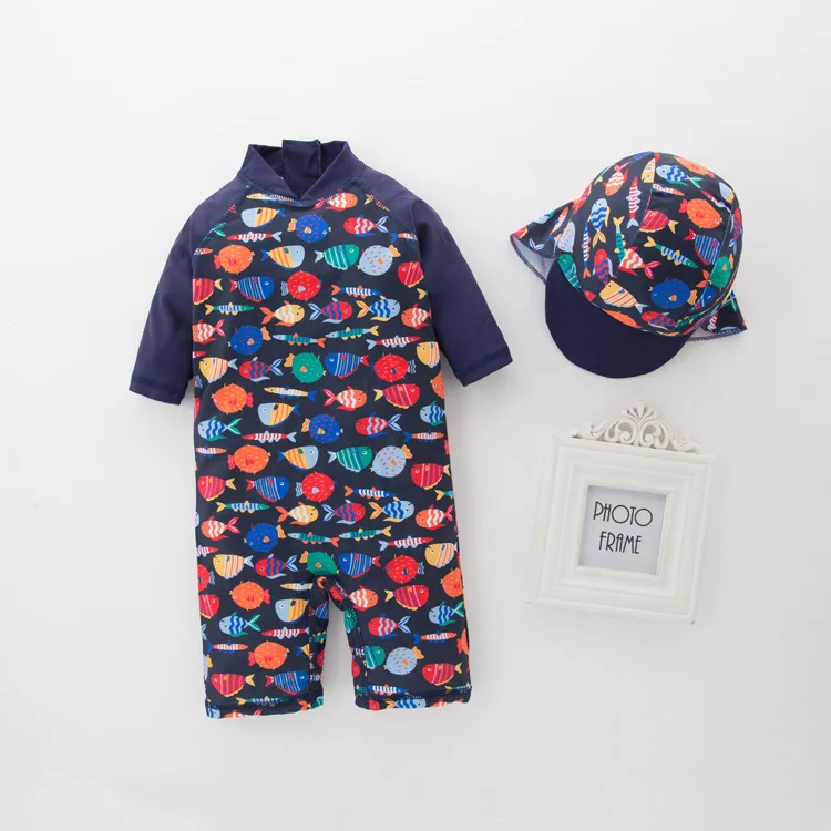 

KID'S Swimwear Summer Boys' Cotton One-piece Swimsuit Navy School of Fish Swimwear Hot Springs Tour Bathing Suit Beachwear