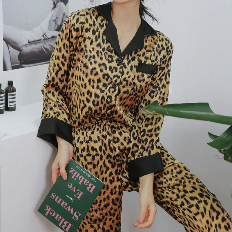 

Long Sleeve Home Suit Ice Silk Fashion Leopard Print Sexy Pajamas for Women Sleepwear Lingerie Home Wear Sleep Clothes