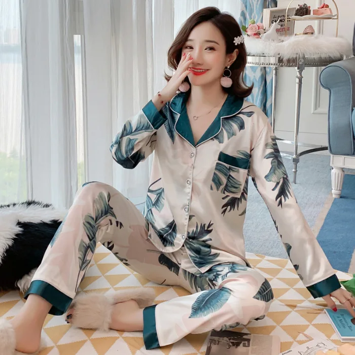 

New Style Long Sleeve Elastic Satin Color Block Imitated Silk Pajamas Women's Spring And Autumn Fold-down Collar Cardigan Homewe
