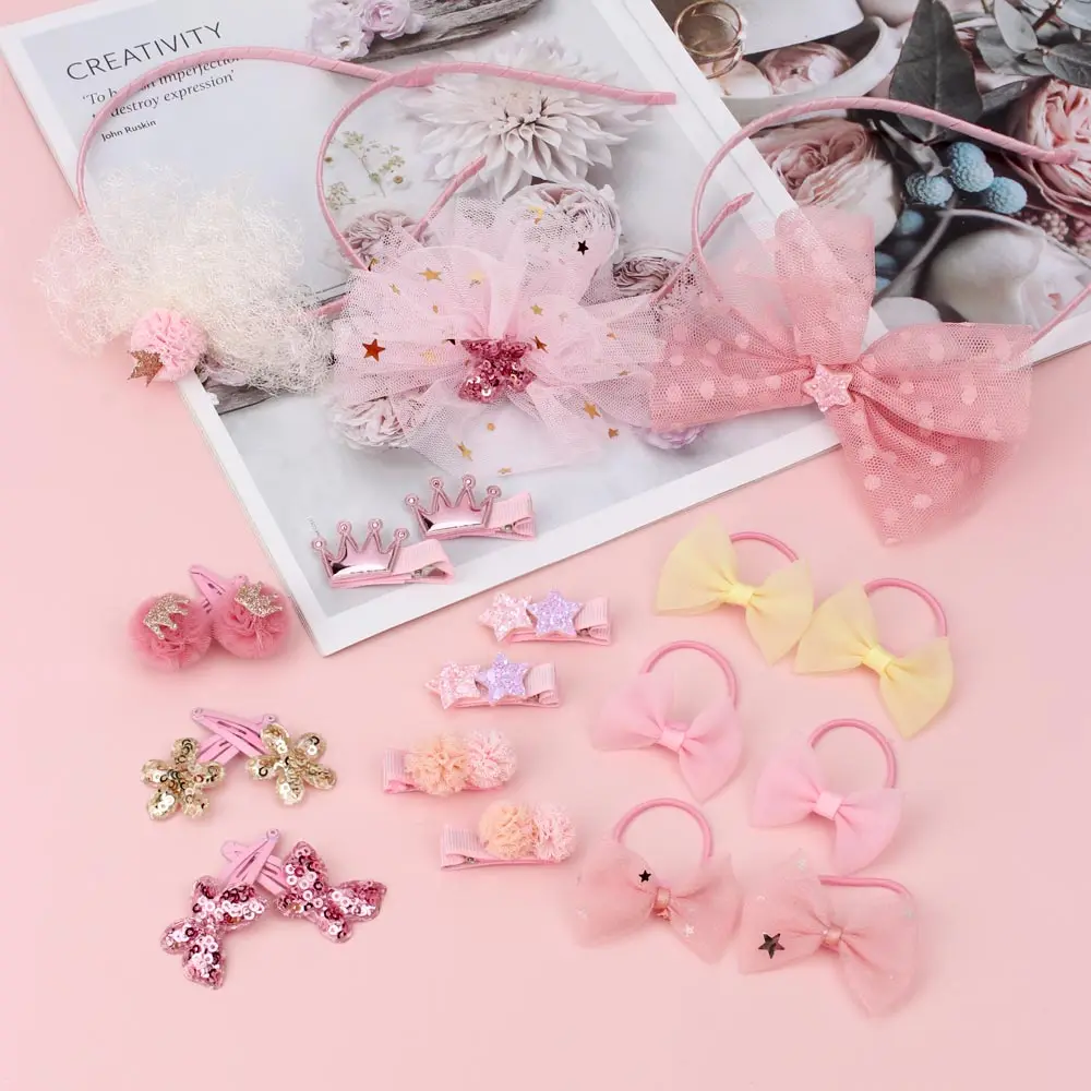

7Pcs/lot Lovely Hair Bands Clips Set Korean Pink Bling Sequins Hairclips Pins Hoops For Baby Girls Cute Hair Accessories Gift