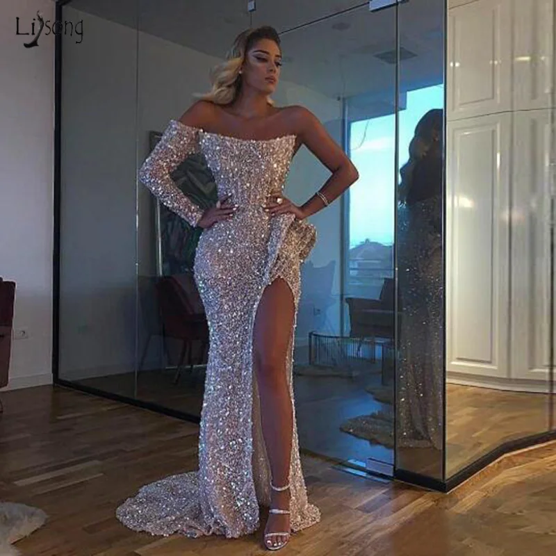 Vestido De Festa Mermaid Sequins Evening Party Dresses Long 2020 Prom Gown One Shoulder Abiye Sexy High Slit Robe Soiree | Женская