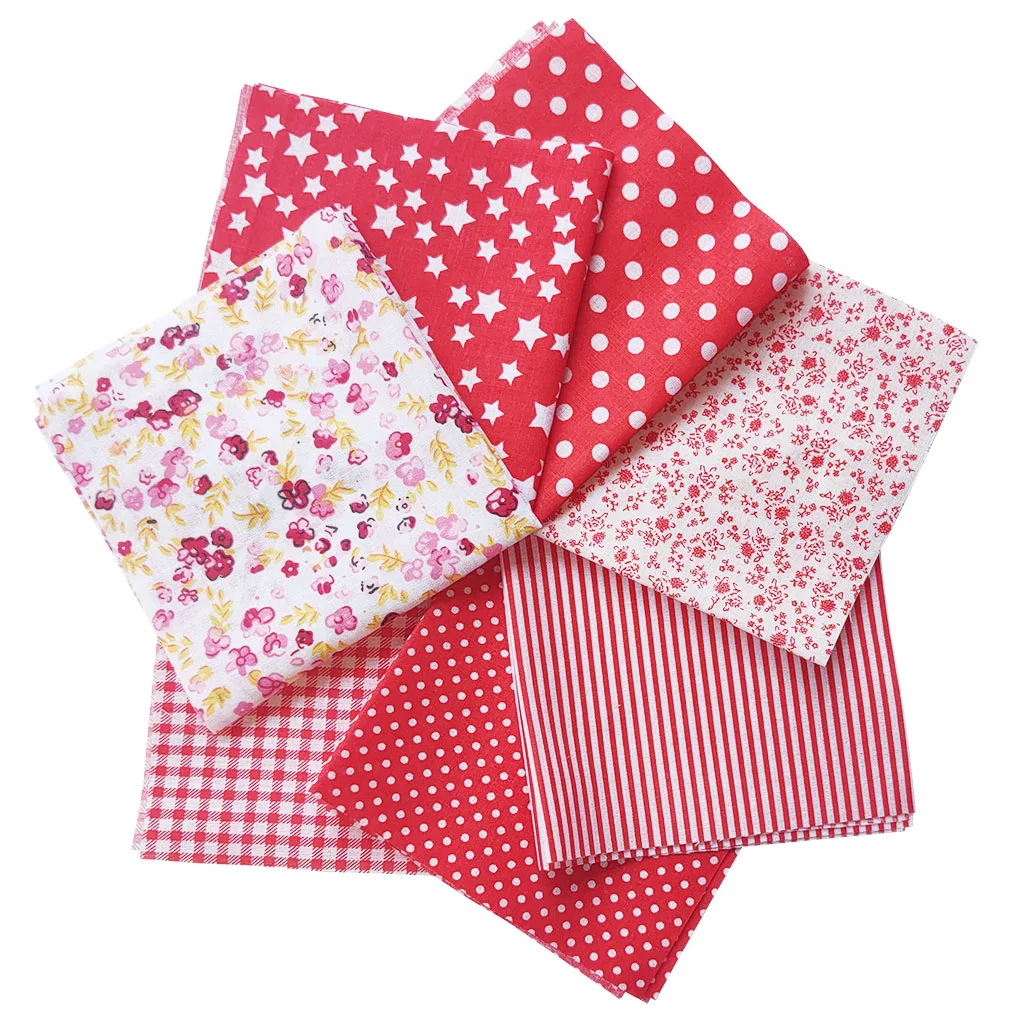 7 Pcs/set Printed Cotton Patchwork Fabric Squares Bundle Quilting Scrapbooking Sewing Craft DIY Cloth, Red, 25x25cm