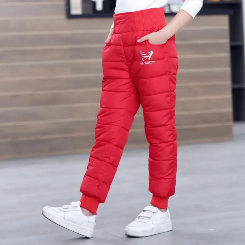 Boys Girls Kids Pants Down Wadded Trousers Stripe Pattern Warm Windproof Waterproof Winter Long Thickness 1-12T
