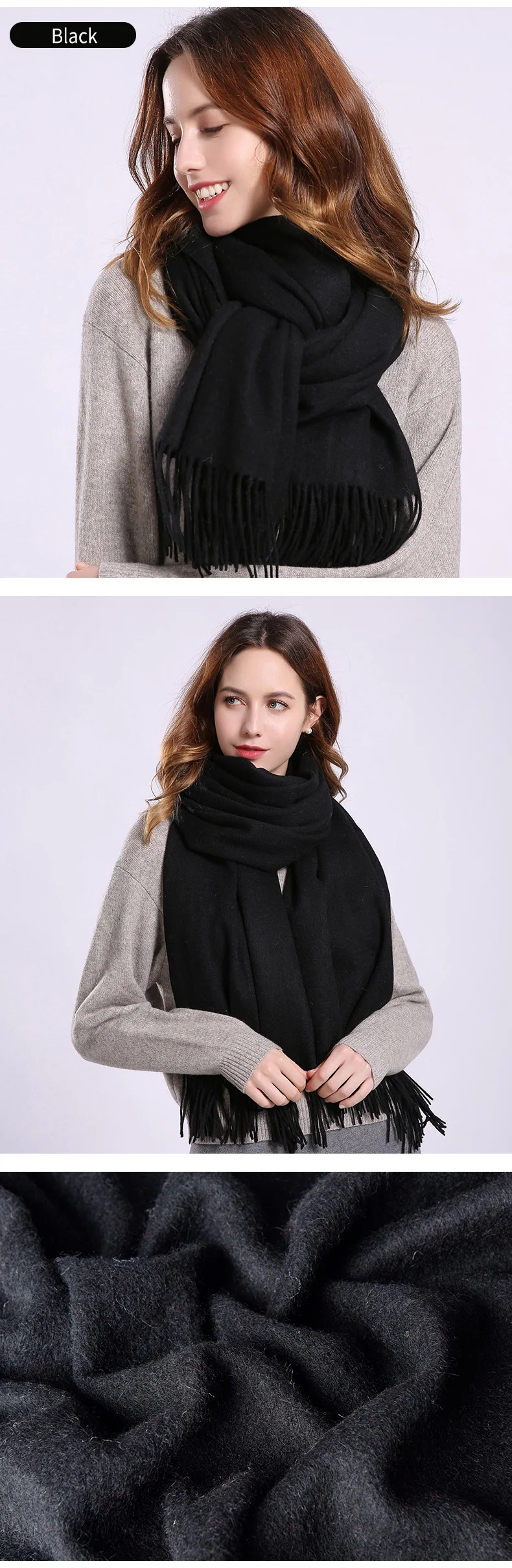 Для женщин натуральная шерсть зимний шарф однотонного бежевого écharpe утепленная пашмины Обёрточная бумага с кисточками тёплый платок Femme чистая шерсть шарфы из кашемира
