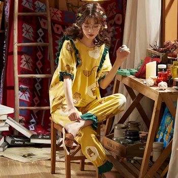 

100% Cotton Women's Pajamas Sets Korean Print Cartoon Short Sleeve Long Pants Female Sleepwear 2020 Summer Casual Women Homewear