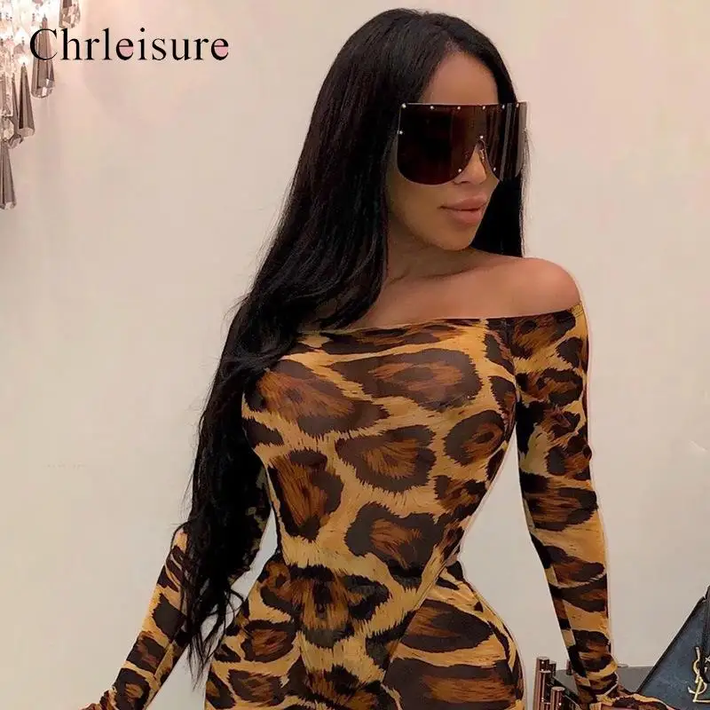 CHRLEISURE Women Jumpsuit One-piece Trumpet Sleeves Word Collar Sexy Leopard Slim Body Tight Autumn Joint Slim