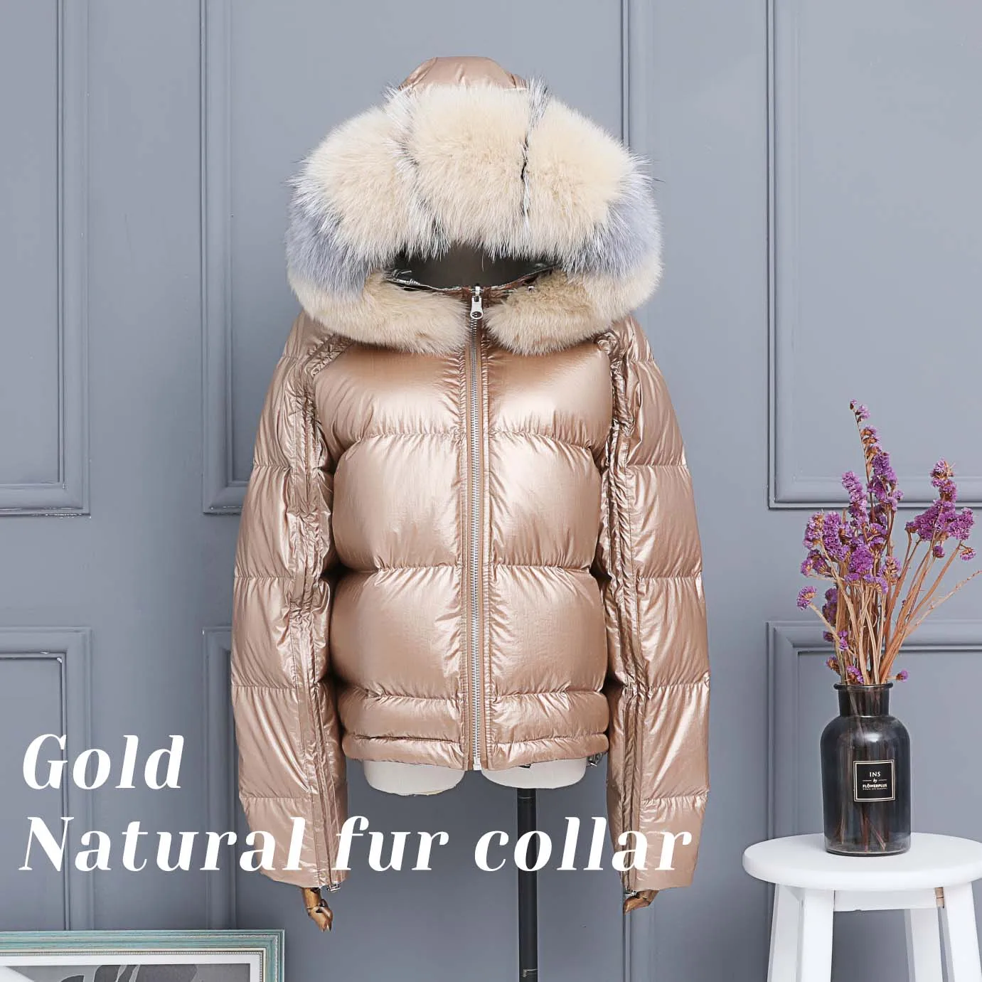 Gold Natural Зимний женский пуховик с натуральным или искусственным лисьим мехом, свободный короткий пуховик, Толстая теплая парка# ZM806 - Цвет: Gold Natural