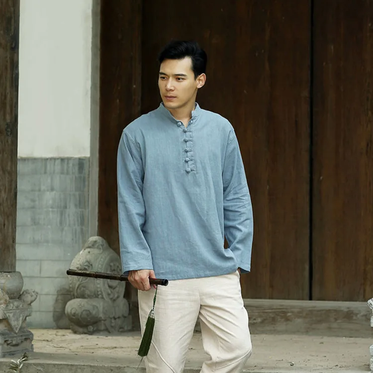 

Chinese-style Men'S Wear Spring And Autumn New Chinese Style Men's Large Size Sweater Flax Stand Collar Frog Long Sleeve MEN'S T