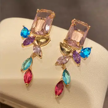 

Geometric irregular zircon large square stitching earrings mixed color female rainbow color dream grad