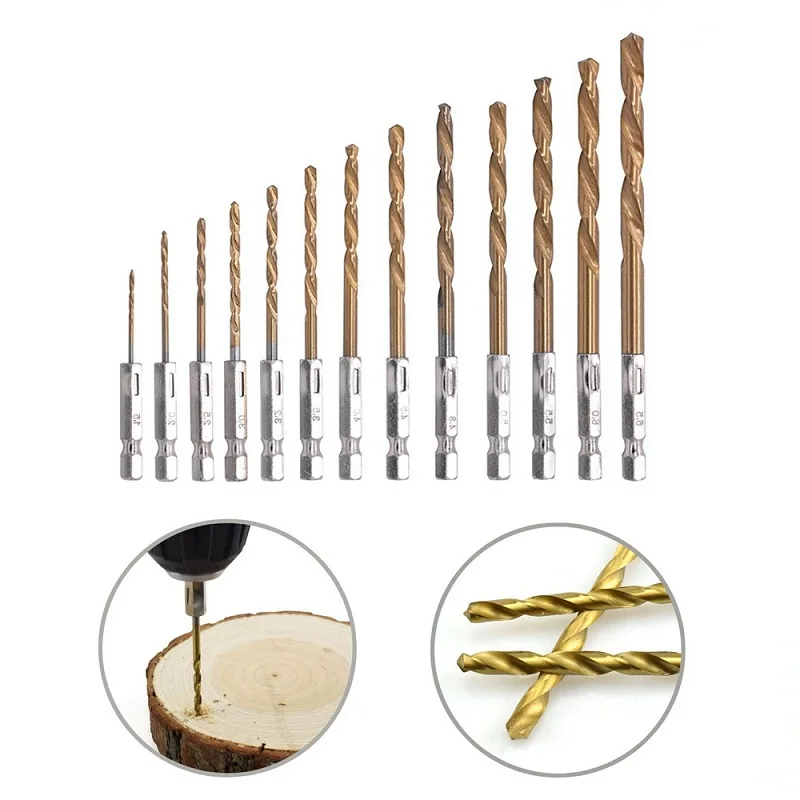 13pcs/set HSS Titanium Coated Drill Bits High Speed Steel Bit Set 1/4 Hex Shank Power Drilling Tools For Wood 1.5-6.5mm | Инструменты