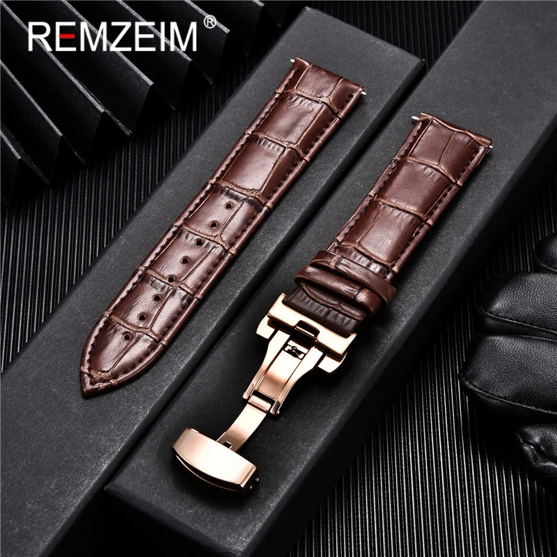 Embossed Genuine Leather Strap with Automatic Butterfly Buckle - Business Watchband