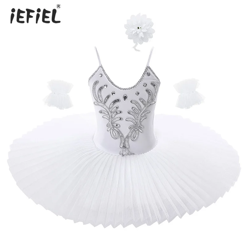 New Kids Swan Girls Ballet Dress Spaghetti Straps Rhinestone Sequins Beads Leotard Dancewear Ballerina Tutu Dance Costumes | Детская