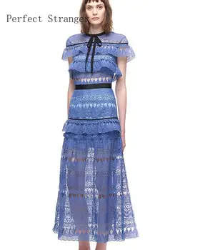 

High Quality 2020 Spring Summer Hot Sale Stand Collar Collect Waist Lace Hollow-out Women Long Dress