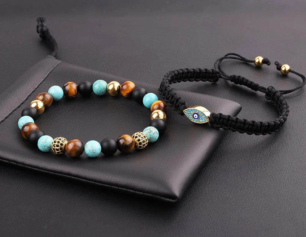 Men Bracelet Set High Quality New Design CZ Pave Eye Charm Natural Stone Bacelet Set For Men Jewelry Gift - Image 3