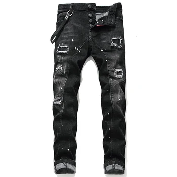 

Men's Painted Black Pleated Biker Jeans For Motorcycle Slim Ripped Stretch Denim Pants Hole Patch Paint Splatter Beggar Pants