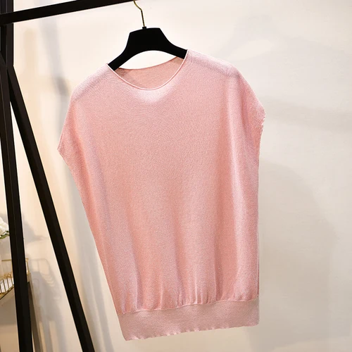 pink С круглым вырезом и короткими рукавами, с круглым вырезом, свитер из люрекса свободная футболка Для женщин короткий рукав; сезон весна новые летние яркие шелковистые - Цвет: pink