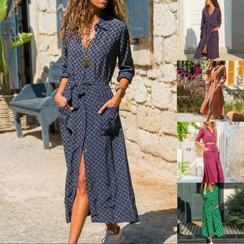 

Hot Selling Spring Long Shirt Chiffon Printed One-piece Dress High-waisted Lace-up Both Sides Pocket
