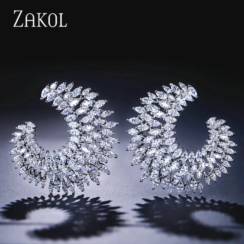 

ZAKOL Europe Style Big CC Stud Earring Vintage Moon Shape Micro CZ for Women Bridal Wedding Party Jewelry FSEP2035