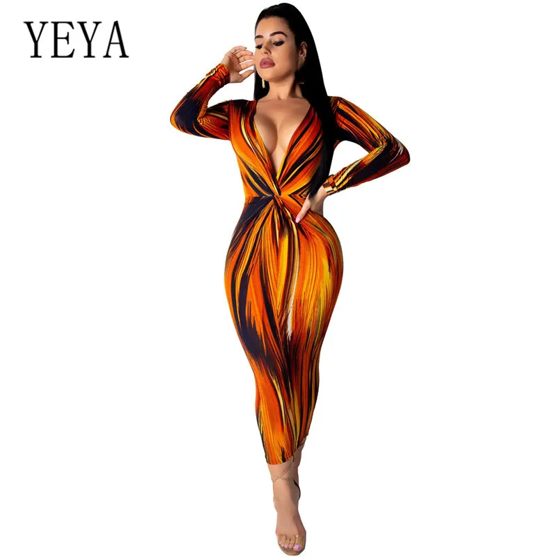 

YEYA Vintage Deep V-neck Bodycon Maxi Dress Elegant Hollow Out Long Sleeve Fashion Printed Slim Pencil Dress Lady Party Vestidos