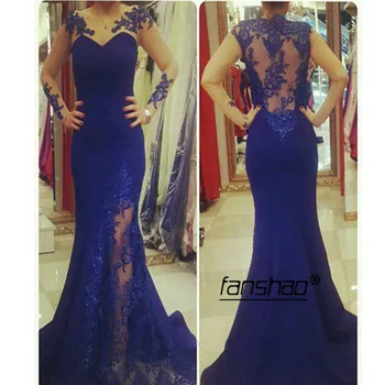 

Royal Blue Evening Dress Full Sleeve Backless Slit Mermaid Illusion Special Occasion Islamic Dubai Saudi Arabic Plus Prom Dress
