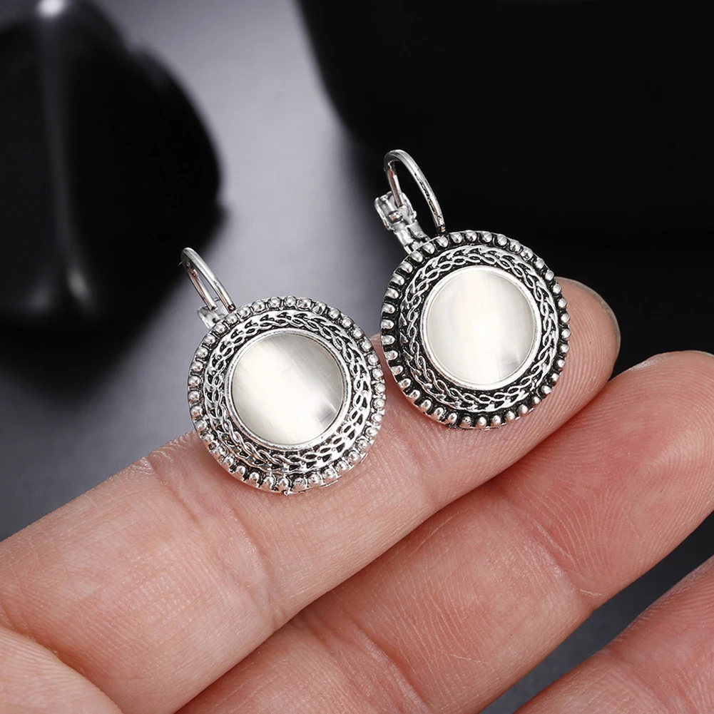 Women Drop Earrings Boho Vintage Tibetan Silver Round Opal Bohemian Long