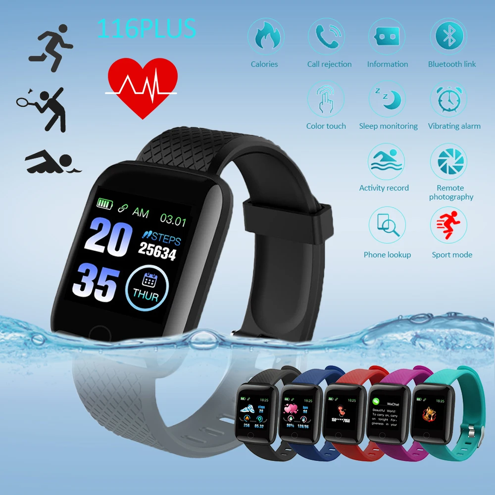 Смарт-часы с Bluetooth 116 PLUS, умный Браслет, цветной экран, пульсометр, контроль артериального давления, отслеживание движения, IP67, водонепроницаемый