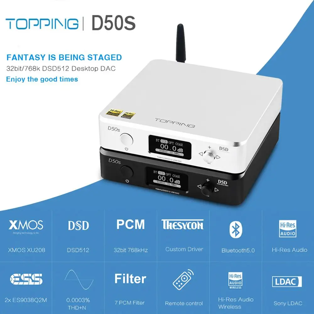 

TOPPING D50S D50 Hifi USB DAC Audio Amplifier ES9038Q2M XMOS XU208 Bluetooth Decoder Amp DSD Optical Caoxial input 32Bit 768Khz