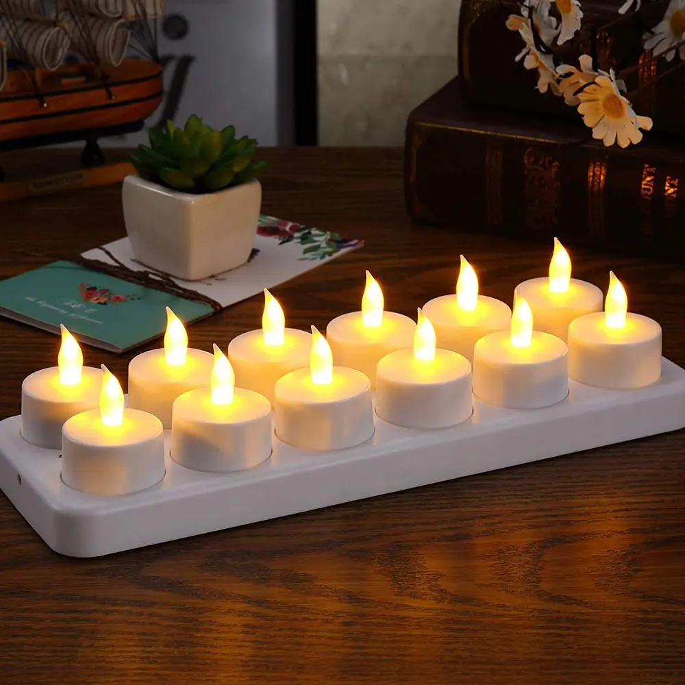 

Pack of 12 Flickering or Not Flickering Battery Powered Rechargeable LED Christmas Candles,Flameless Pillar Votive Tea Lights